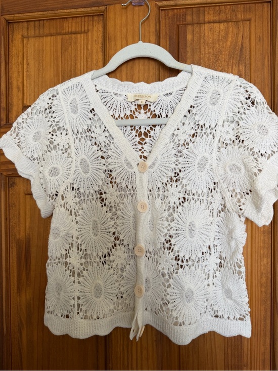 Rebellion Sweaters - Rebellion Flower Crochet Button-Front Cardigan-White